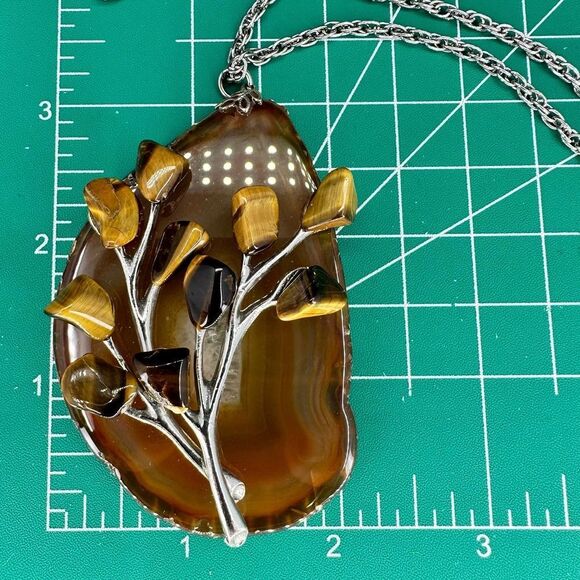 Large Stone Pendant Slice Agate with Flower Tiger’s Eye Silverstone Chain - Picture 7 of 7